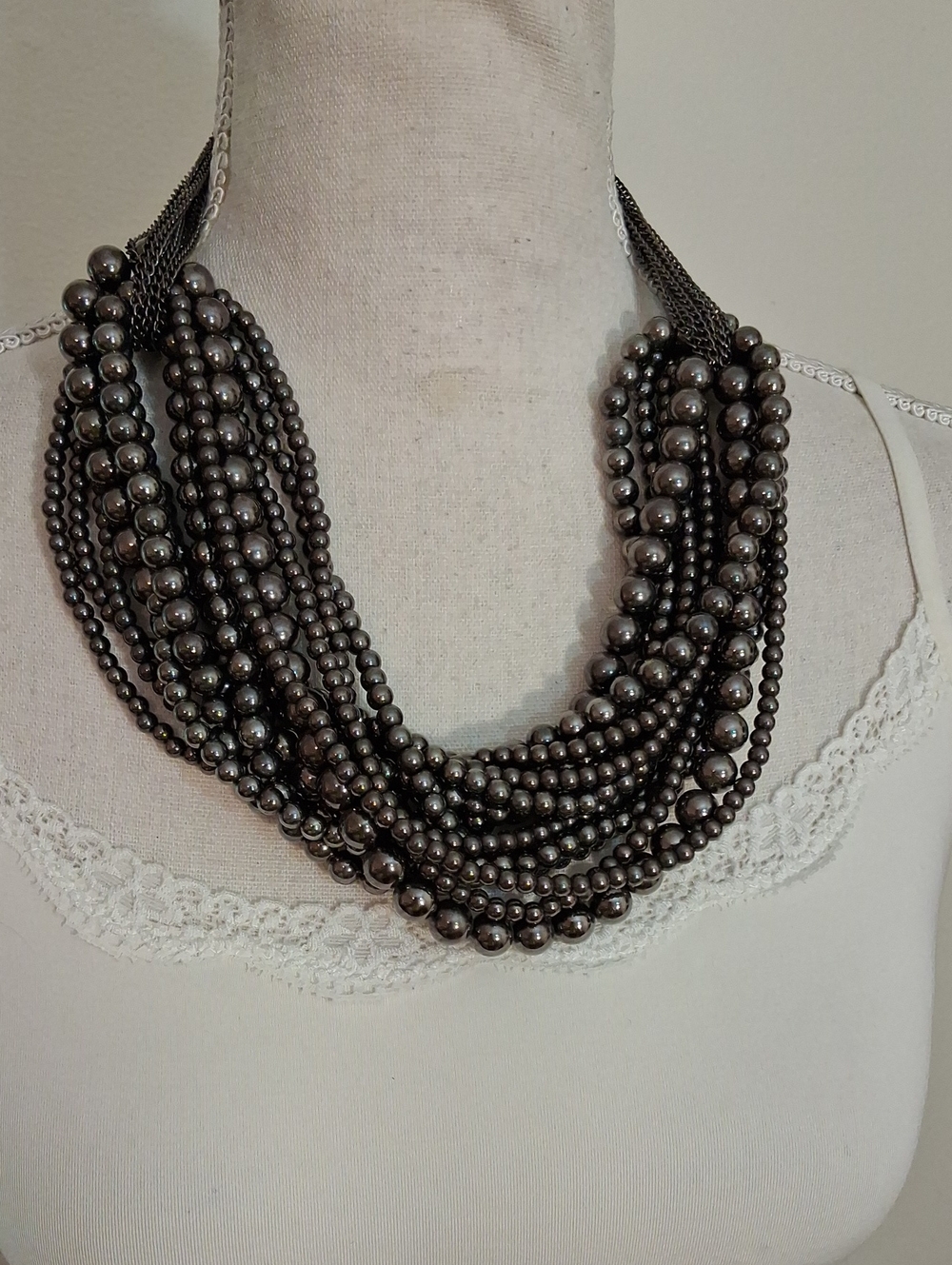 Multi-Strand Hematite Color Beaded Statement Necklace - Women Jewelry